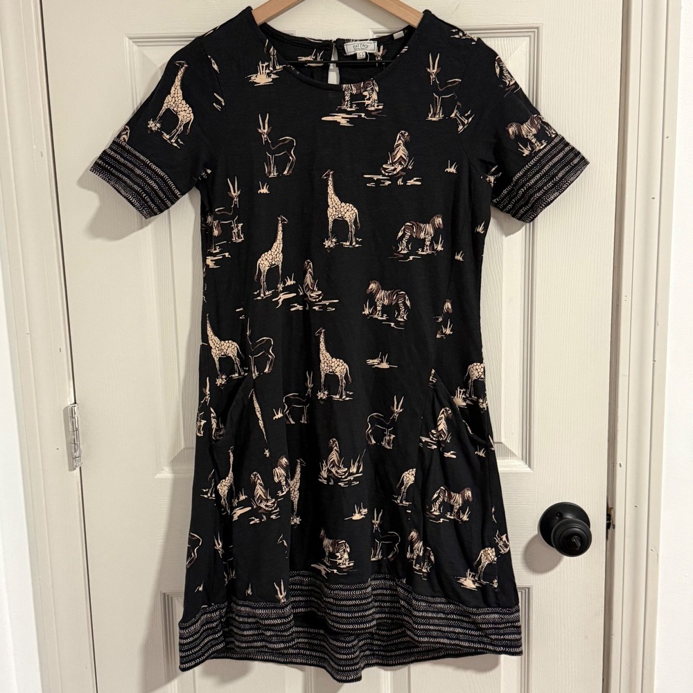 FatFace Dress Womens 4 Black Safari Animal Print Cotton Shift Dress Pockets